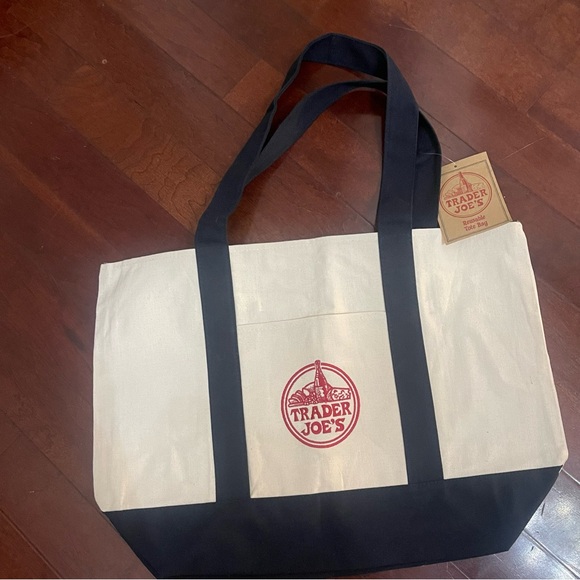 Trader Joe'S Handbags - Trader Joe’s Large Canvas Reusable Tote Cream Navy Red Logo NWT